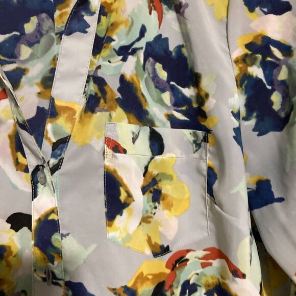 The Limited Size M Button Up Blouse Floral Blue Grey Yellow Long Sleeve Flowy - Picture 6 of 9
